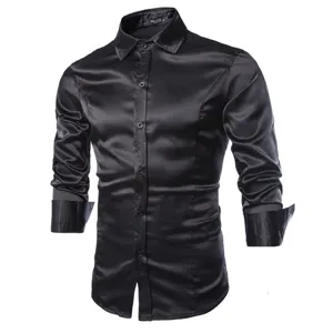 Men's shiny satin slim fit long sleeve casual shirt, classic turn-down collar solid color top.