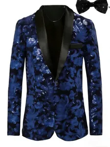 Men's blue sequin blazer jacket with black shawl lapel and matching bow tie for party stage.