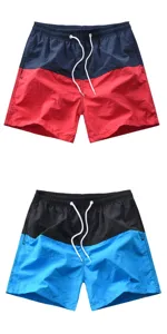 Vue rapprochée de shorts de plage pour hommes color-block avec empiècements et cordon.