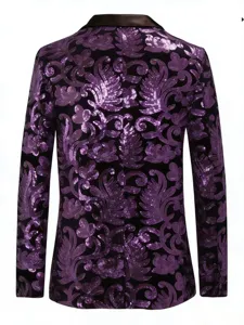 Detailed back view of men purple sequin velvet blazer featuring ornate floral embroidery.