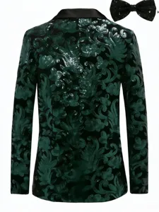 Detailed back view of dark green velvet sequin men blazer paired with stylish bow tie.
