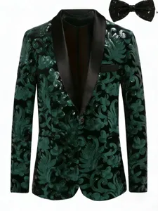 Men's green velvet sequin blazer detail view, elegant evening party and stage performance jacket.