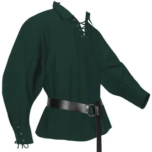 Mittelalter Herren dunkelgrünes Renaissance Hemd mit Schnürkragen und O-Ring Gürtel.