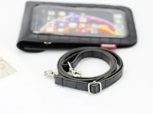Borsa a tracolla per cellulare in pelle PU nera con finestra touch trasparente e tracolla regolabile.