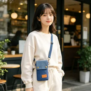 Detail view of the minimalist blue canvas crossbody phone bag, showing fabric texture and strap.