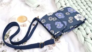 Close-up view of the blue floral fabric crossbody bag detail showing pattern and strap.