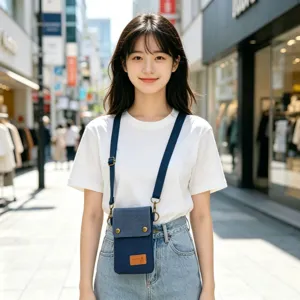 Detailed view of the solid blue canvas crossbody phone bag, lightweight and minimalist design.