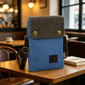 Detail shot of a stylish denim and tweed cross-body phone bag with metal hardware in a cozy café.