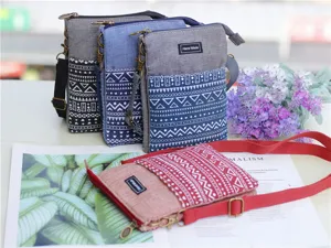 Ethnic style canvas cross-body phone bag multi-layer portable shoulder bag for women daily use