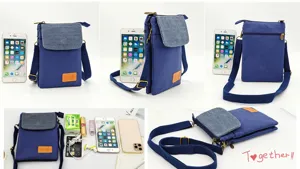 Blue canvas crossbody phone bag with denim flap multi-layer design for daily travel.
