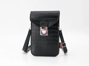 Borsa a tracolla per telefono in pelle PU coccodrillo nero, vista dettagliata serratura.