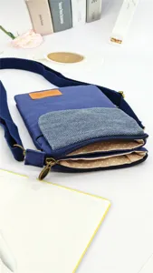 Blue canvas crossbody mobile phone bag detail view, multi-layer fabric casual shoulder purse.