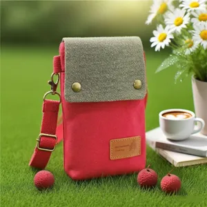 Detail view of the red canvas cross-body mobile phone bag with flap and adjustable strap.