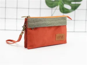 Pochette multi-couches en toile orange et grise sac à cosmétiques chic avec dragonne