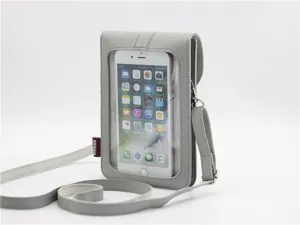 Borsa a tracolla per cellulare in pelle PU grigia con finestra touchscreen trasparente.