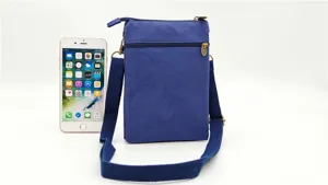 Blue canvas crossbody phone bag detail view, multi-layer zipper pocket with adjustable strap.