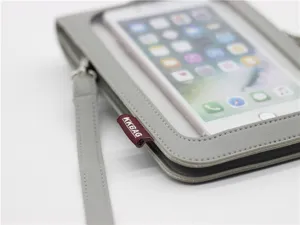 Borsa a tracolla per telefono in ecopelle grigia con finestra touch trasparente.