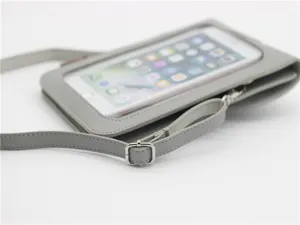 Borsa a tracolla per telefono in ecopelle grigia con finestra touchscreen e tracolla regolabile.