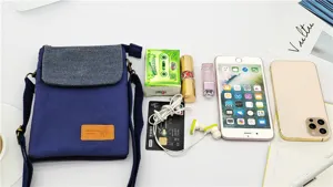 Canvas crossbody phone bag detail view showing multi-layer capacity and matching accessories.