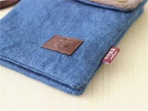 Denim phone bag detail, crossbody mini pouch, casual unisex design, vintage anchor patch style.