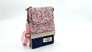 Floral crossbody phone bag with denim and lace trim, vintage casual shoulder bag for women