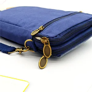 Blue canvas multi-zipper crossbody phone bag, minimalist casual women's shoulder bag.