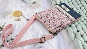 Floral crossbody phone bag with denim patchwork and lace trim, cute pastoral style shoulder bag.