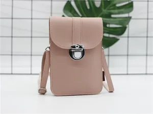 Borsa a tracolla per cellulare in pelle PU rosa con chiusura in metallo e tracolla regolabile.
