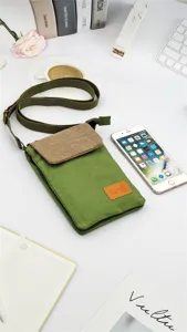 Green canvas crossbody phone bag with brown flap, casual style pouch for daily use and outdoor.