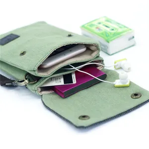 Green canvas crossbody phone bag, minimalist casual messenger bag for daily travel and cards.