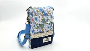 Floral and denim crossbody phone bag with pastoral style, small shoulder bag for women daily use.