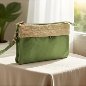 Groene canvas meerlaagse clutch, casual dames cosmetische opbergtas met ritsluiting.