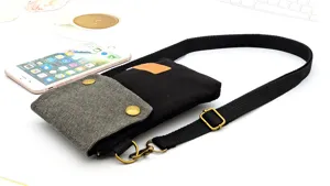 Detail view of mini canvas crossbody phone bag, adjustable strap, daily casual fabric pouch.