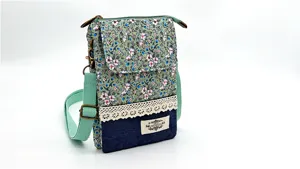 Floral fabric crossbody phone bag, green floral and blue denim multi-layer shoulder bag