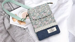 Floral cotton crossbody phone bag with denim lace trim, vintage pastoral style shoulder bag for women.