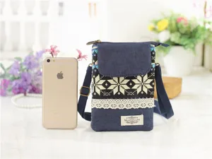 Canvas crossbody phone bag with ethnic pattern and lace trim, perfect for daily casual use.