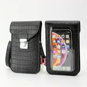 Borsa a tracolla per telefono in PU coccodrillo nero con finestra touch screen trasparente.