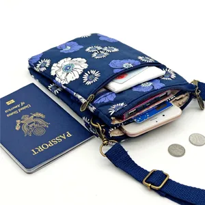 Floral canvas crossbody phone bag, multi-layer casual messenger bag for women daily outdoor use.