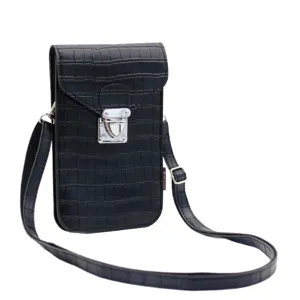 Borsa tracolla per cellulare in pelle PU nera con motivo coccodrillo e chiusura metallica.