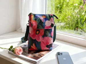 Pastoral floral fabric crossbody phone bag, casual small shoulder pouch with adjustable strap.
