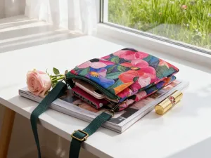 Floral pastoral style crossbody phone bag detail view, multi-layer fabric pouch, green strap.