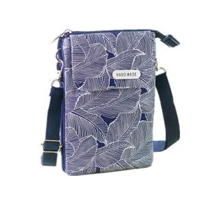 Blue leaf print fabric crossbody phone bag for women, multi-layer canvas shoulder bag.