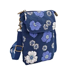 Blue floral fabric crossbody phone bag, canvas casual messenger shoulder pouch for women.