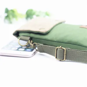 Green canvas crossbody phone bag detail, 3-layer minimalist lightweight fabric women bag.