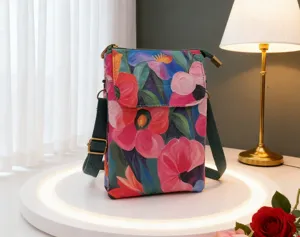 Floral fabric crossbody phone bag for women, pastoral style small shoulder bag with strap.