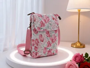Floral fabric crossbody phone bag detail, showing delicate pink floral print and strap hardware.