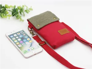 Red and grey canvas cross-body phone bag, mini lightweight casual bag with adjustable strap.