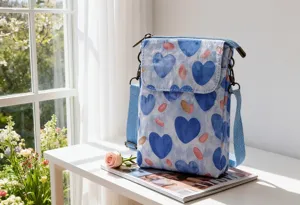 Close-up detail of the blue heart fabric crossbody phone bag showing fine stitching quality.