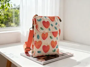 Canvas crossbody phone bag with cute heart and dot print, casual daily small shoulder bag for women.