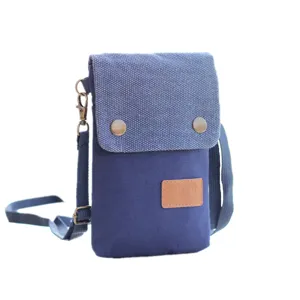 Solid color canvas cross-body mobile phone bag, lightweight daily shoulder bag with flap.